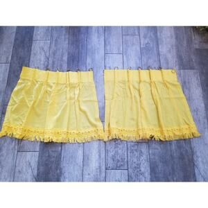 Vintage Sears Perma Prest Pinch Pleated 2 Panel Curtains 70s Fringe Yellow Gold